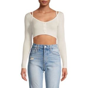 JASON WU Merino Wool Crop Top Button-Up Women's White Ribbed Size Small